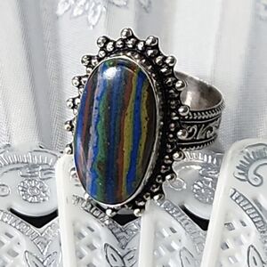 Size 9 1/4, Elegant, Boho-Chic Style, Multicolor Calsilica Stone Ring